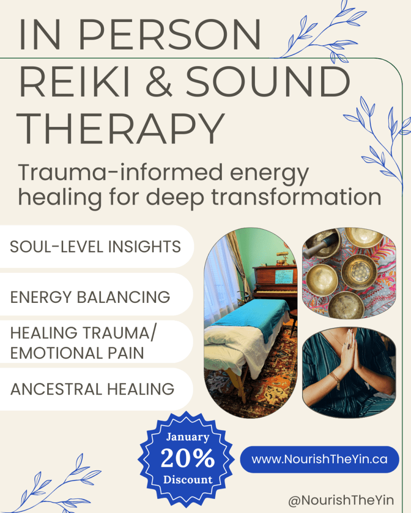 Image of new offering, in person reiki and sound therapy. Includes soul-level insights, energy balancing, healing trauma/emotional pain, and ancestral healing.