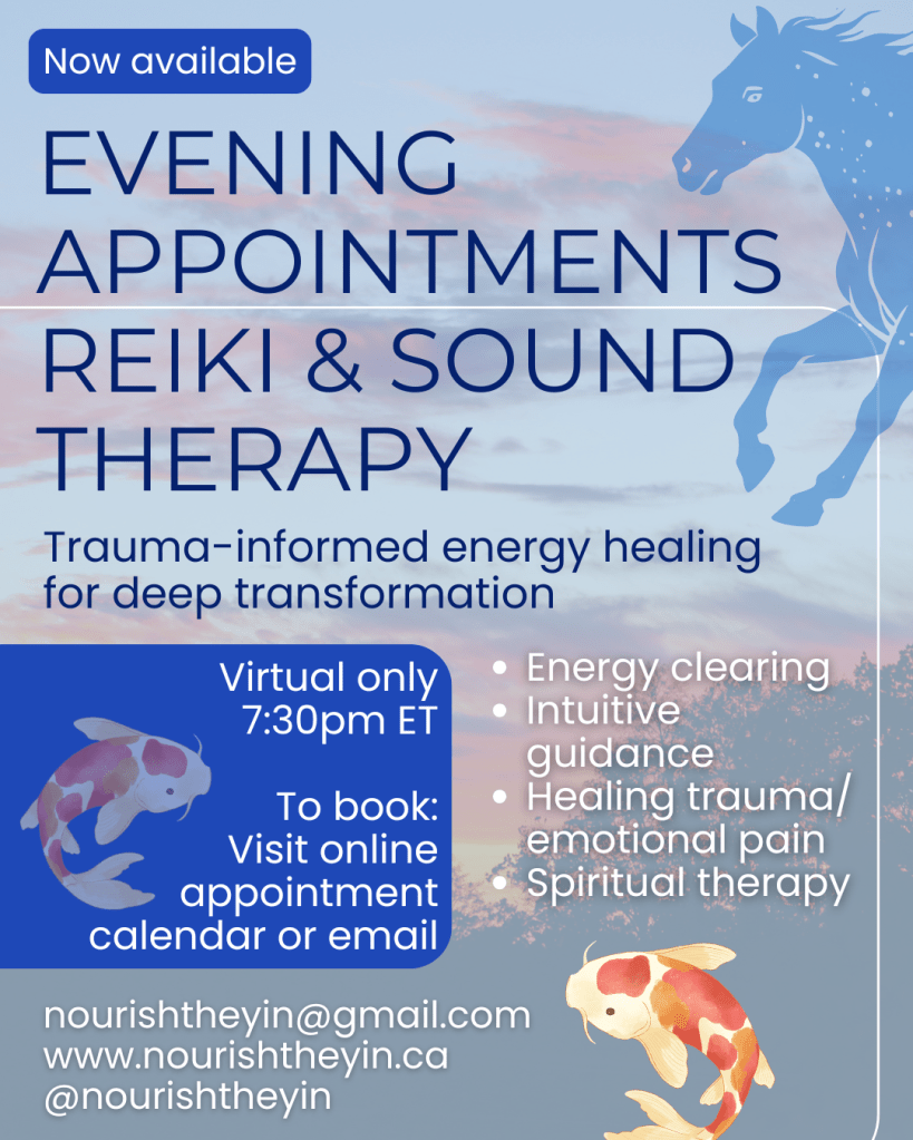 Evening appointments available for reiki and sound therapy private sessions. 7:30pm ET appointments, virtual only. Email or visit online appointment calendar to book.