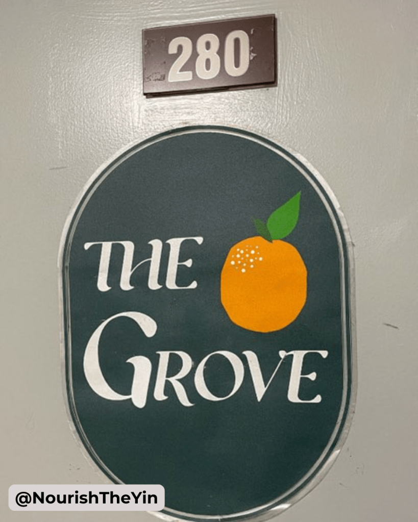 Image of the Grove's front door, with the room number 280 and their logo, which includes the text "The Grove" and an orange.