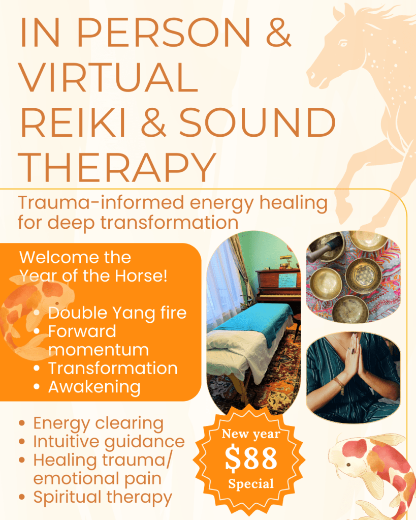 Image of private reiki and sound therapy offering for New Years and February. 