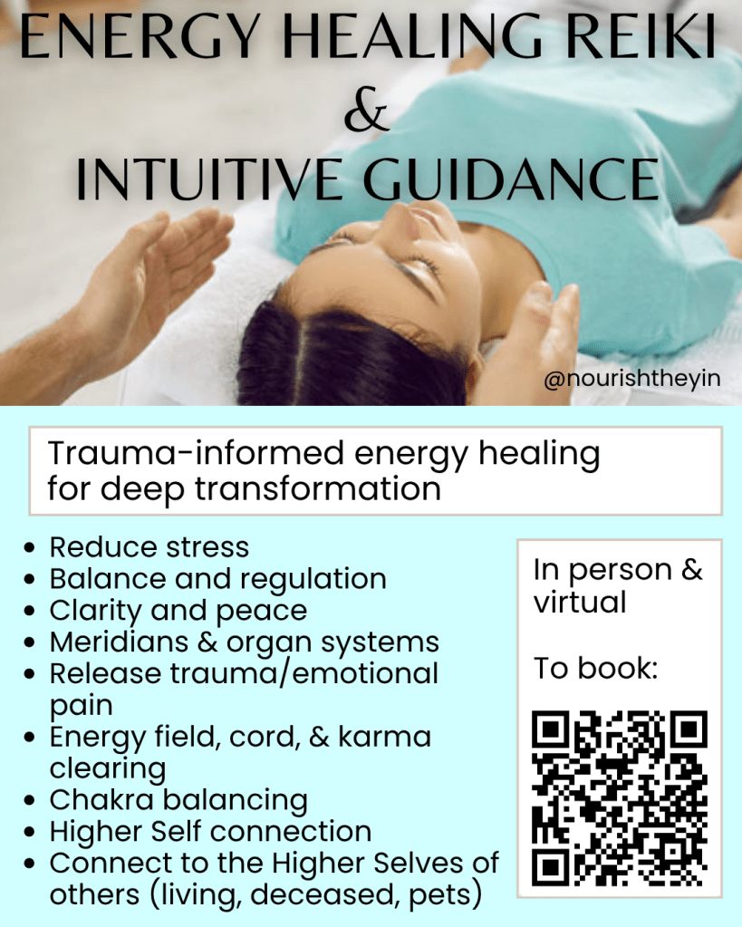 Private sessions: energy healing reiki and intuitive guidance.